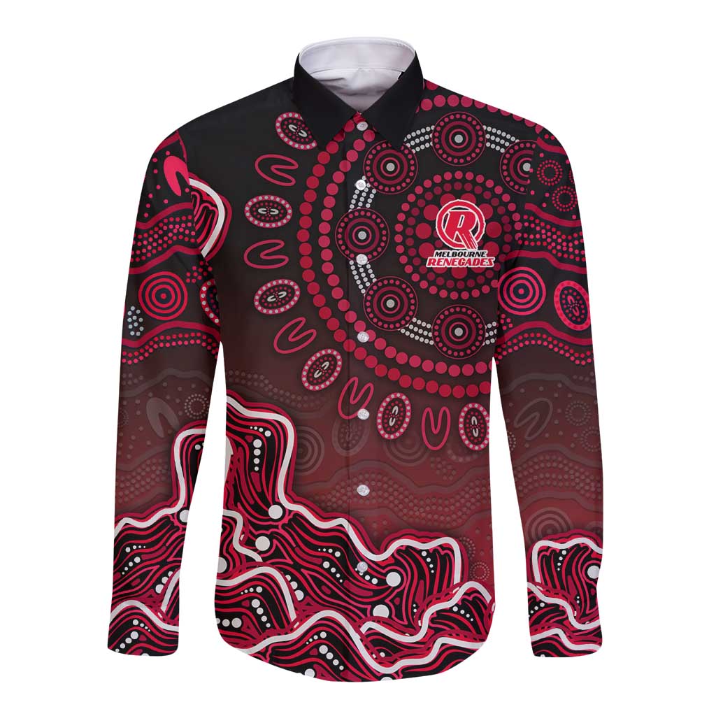 Melbourne Renegades Cricket Mascot Long Sleeve Button Shirt Aboriginal Dot Art Red And Black Tribal Pattern