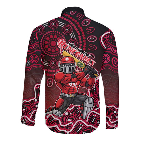 Melbourne Renegades Cricket Mascot Long Sleeve Button Shirt Aboriginal Dot Art Red And Black Tribal Pattern