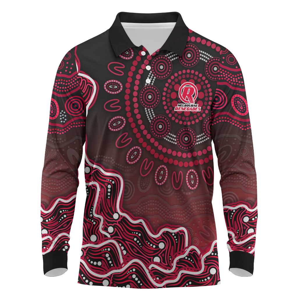 Melbourne Renegades Cricket Mascot Long Sleeve Polo Shirt Aboriginal Dot Art Red And Black Tribal Pattern