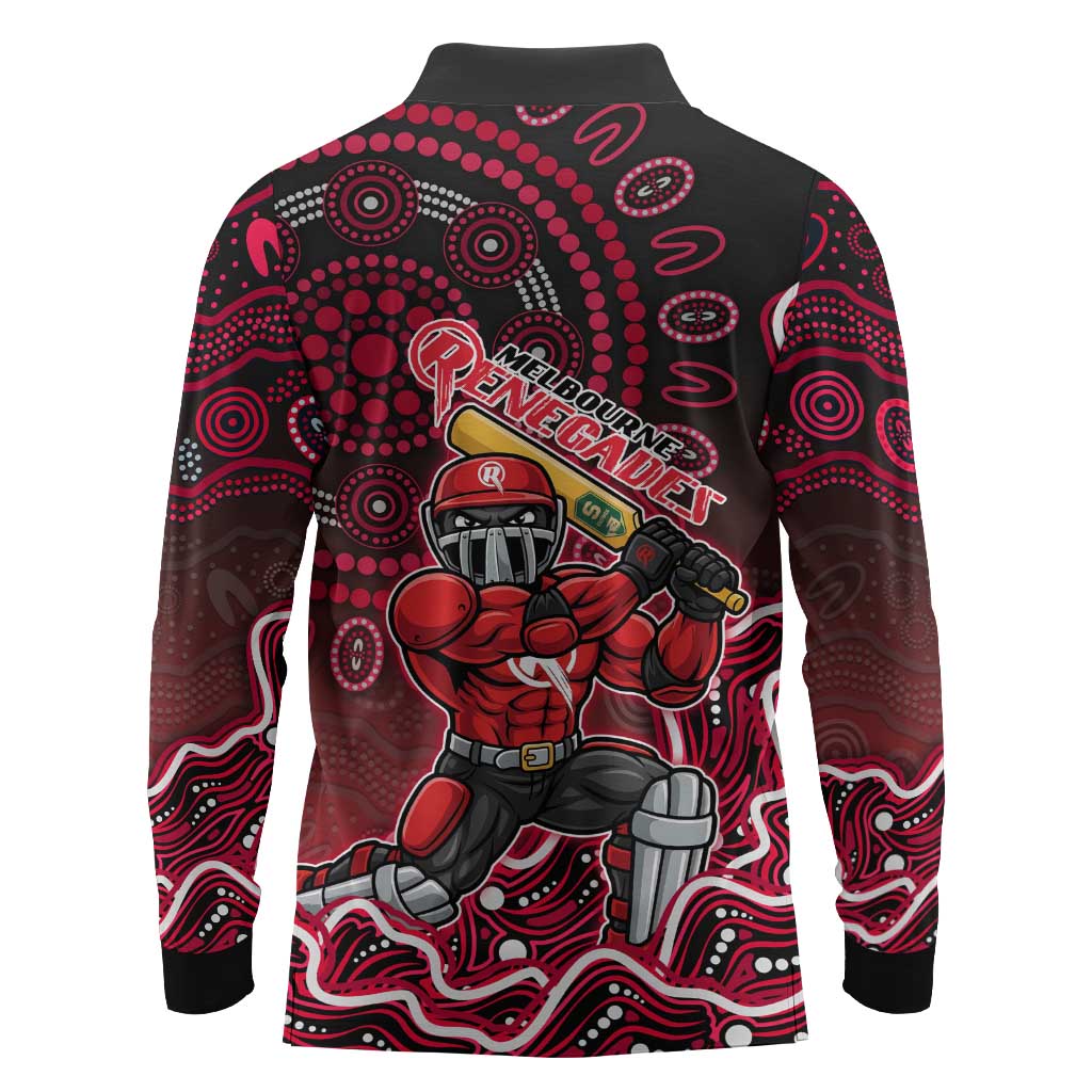 Melbourne Renegades Cricket Mascot Long Sleeve Polo Shirt Aboriginal Dot Art Red And Black Tribal Pattern