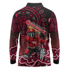 Melbourne Renegades Cricket Mascot Long Sleeve Polo Shirt Aboriginal Dot Art Red And Black Tribal Pattern