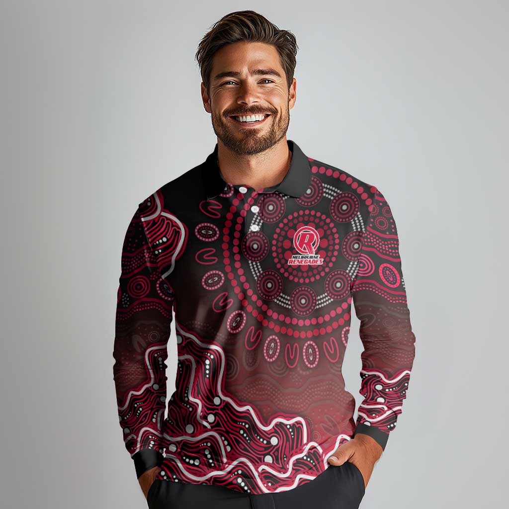 Melbourne Renegades Cricket Mascot Long Sleeve Polo Shirt Aboriginal Dot Art Red And Black Tribal Pattern