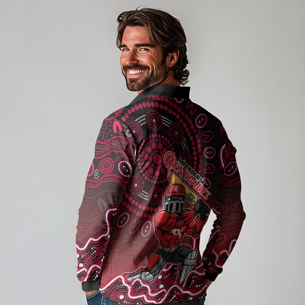 Melbourne Renegades Cricket Mascot Long Sleeve Polo Shirt Aboriginal Dot Art Red And Black Tribal Pattern