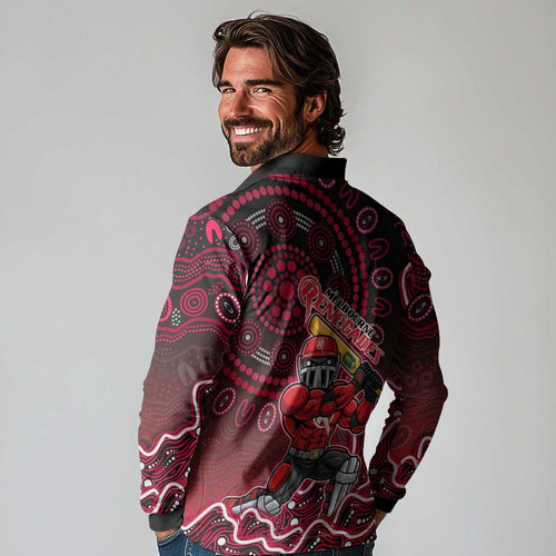 Melbourne Renegades Cricket Mascot Long Sleeve Polo Shirt Aboriginal Dot Art Red And Black Tribal Pattern