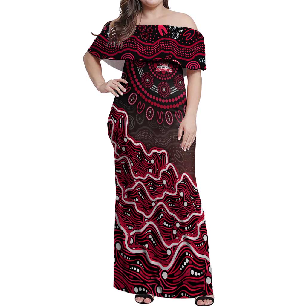 Melbourne Renegades Cricket Mascot Off Shoulder Maxi Dress Aboriginal Dot Art Red And Black Tribal Pattern