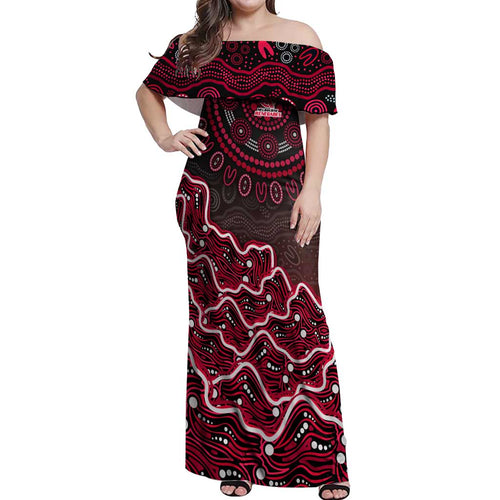 Melbourne Renegades Cricket Mascot Off Shoulder Maxi Dress Aboriginal Dot Art Red And Black Tribal Pattern