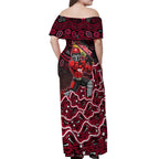 Melbourne Renegades Cricket Mascot Off Shoulder Maxi Dress Aboriginal Dot Art Red And Black Tribal Pattern