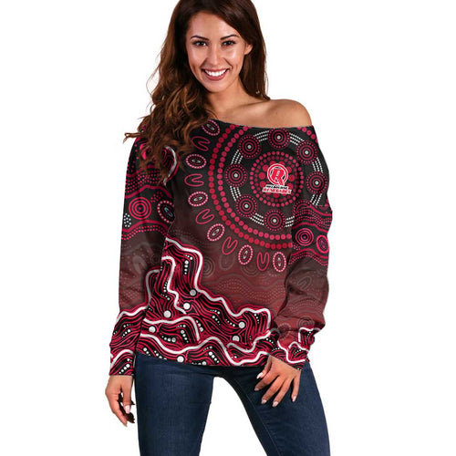 Melbourne Renegades Cricket Mascot Off Shoulder Sweater Aboriginal Dot Art Red And Black Tribal Pattern