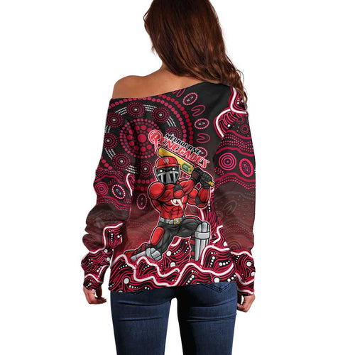 Melbourne Renegades Cricket Mascot Off Shoulder Sweater Aboriginal Dot Art Red And Black Tribal Pattern