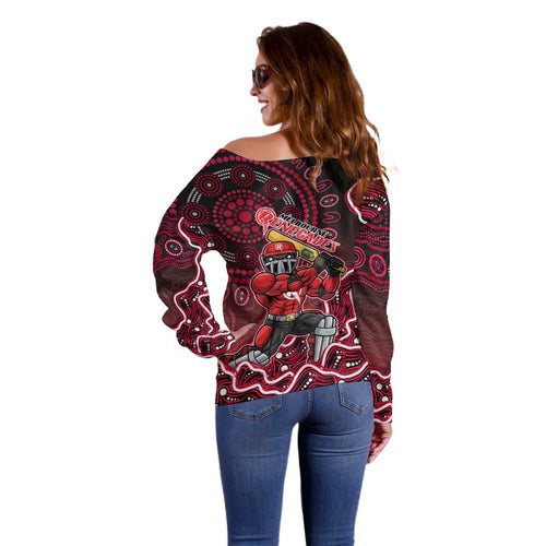 Melbourne Renegades Cricket Mascot Off Shoulder Sweater Aboriginal Dot Art Red And Black Tribal Pattern