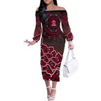 Melbourne Renegades Cricket Mascot Off The Shoulder Long Sleeve Dress Aboriginal Dot Art Red And Black Tribal Pattern