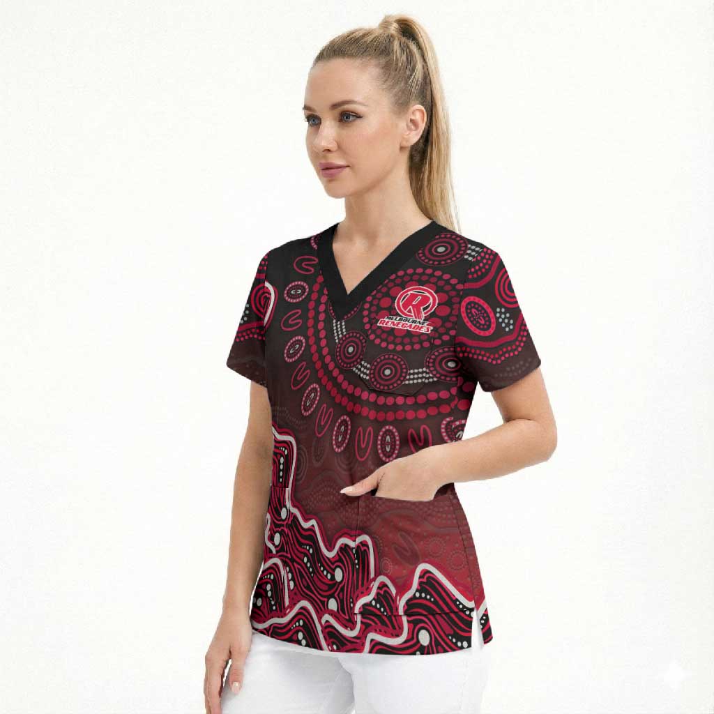 Melbourne Renegades Cricket Mascot Scrub Top Aboriginal Dot Art Red And Black Tribal Pattern