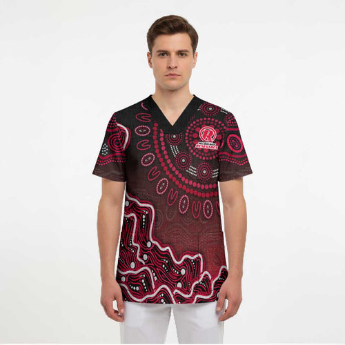 Melbourne Renegades Cricket Mascot Scrub Top Aboriginal Dot Art Red And Black Tribal Pattern