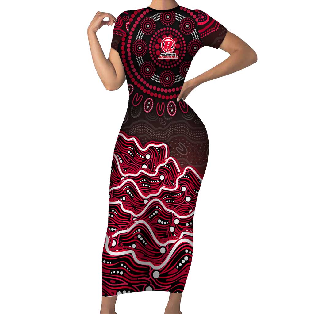 Melbourne Renegades Cricket Mascot Short Sleeve Bodycon Dress Aboriginal Dot Art Red And Black Tribal Pattern