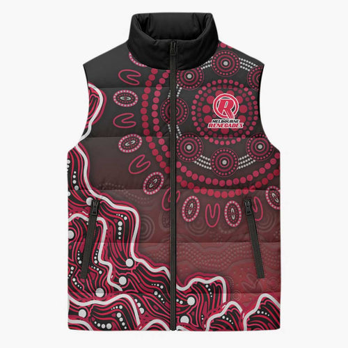 Melbourne Renegades Cricket Mascot Sleeveless Puffer Jacket Aboriginal Dot Art Red And Black Tribal Pattern