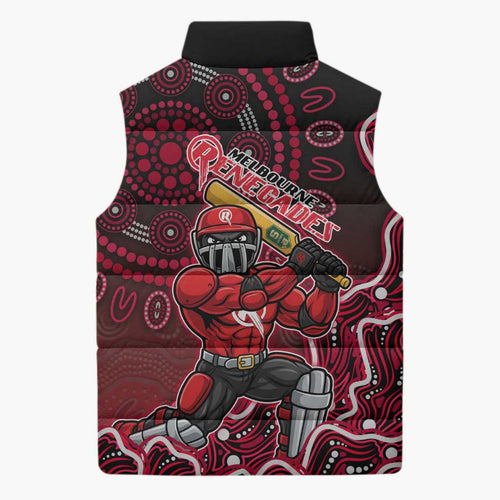Melbourne Renegades Cricket Mascot Sleeveless Puffer Jacket Aboriginal Dot Art Red And Black Tribal Pattern