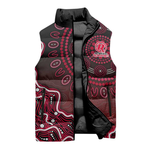 Melbourne Renegades Cricket Mascot Sleeveless Puffer Jacket Aboriginal Dot Art Red And Black Tribal Pattern