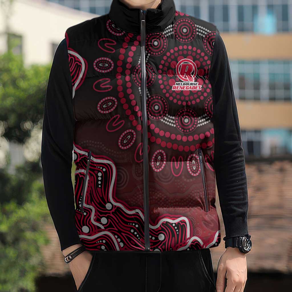 Melbourne Renegades Cricket Mascot Sleeveless Puffer Jacket Aboriginal Dot Art Red And Black Tribal Pattern