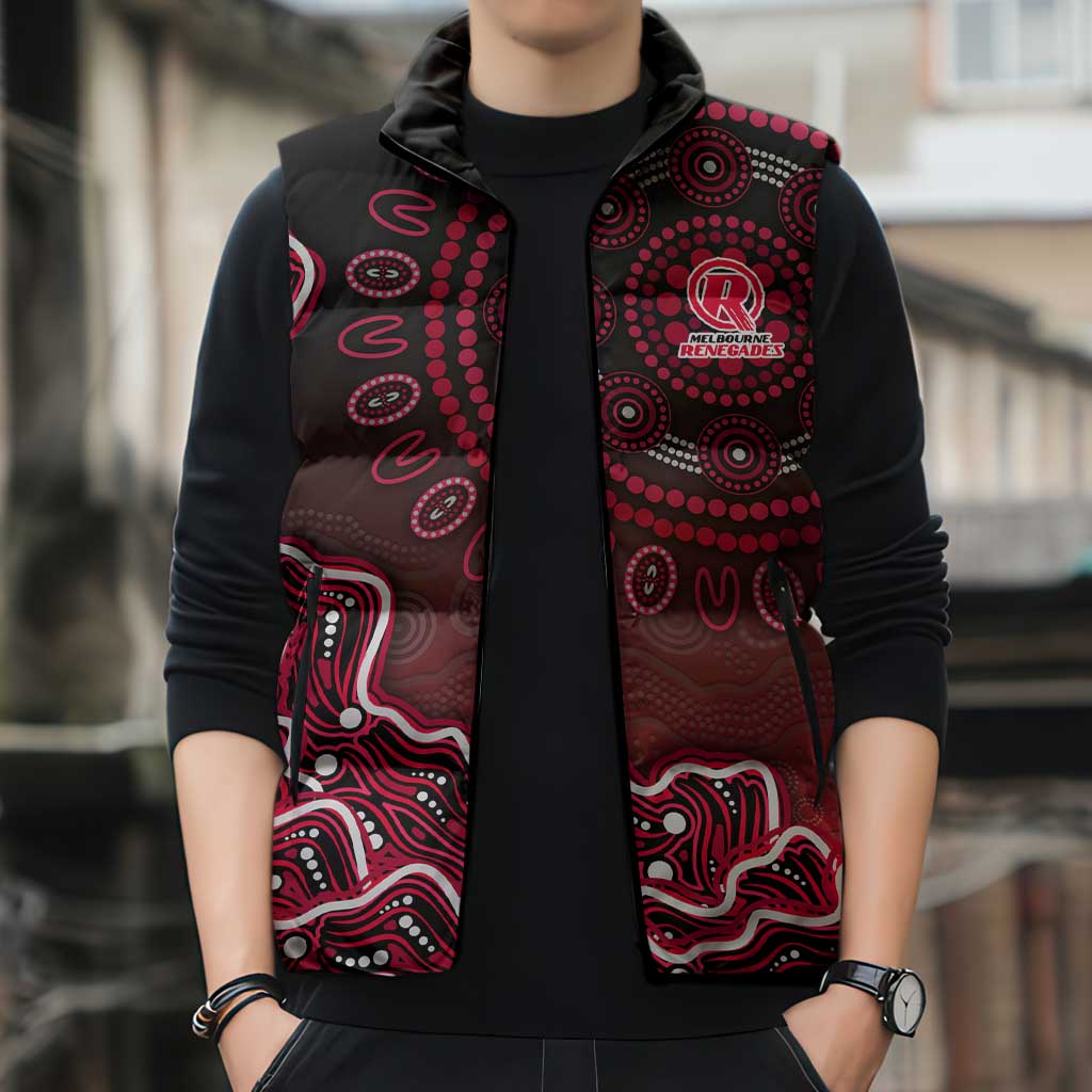 Melbourne Renegades Cricket Mascot Sleeveless Puffer Jacket Aboriginal Dot Art Red And Black Tribal Pattern