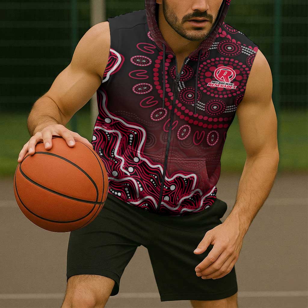 Melbourne Renegades Cricket Mascot Sleeveless Zip Hoodie Aboriginal Dot Art Red And Black Tribal Pattern