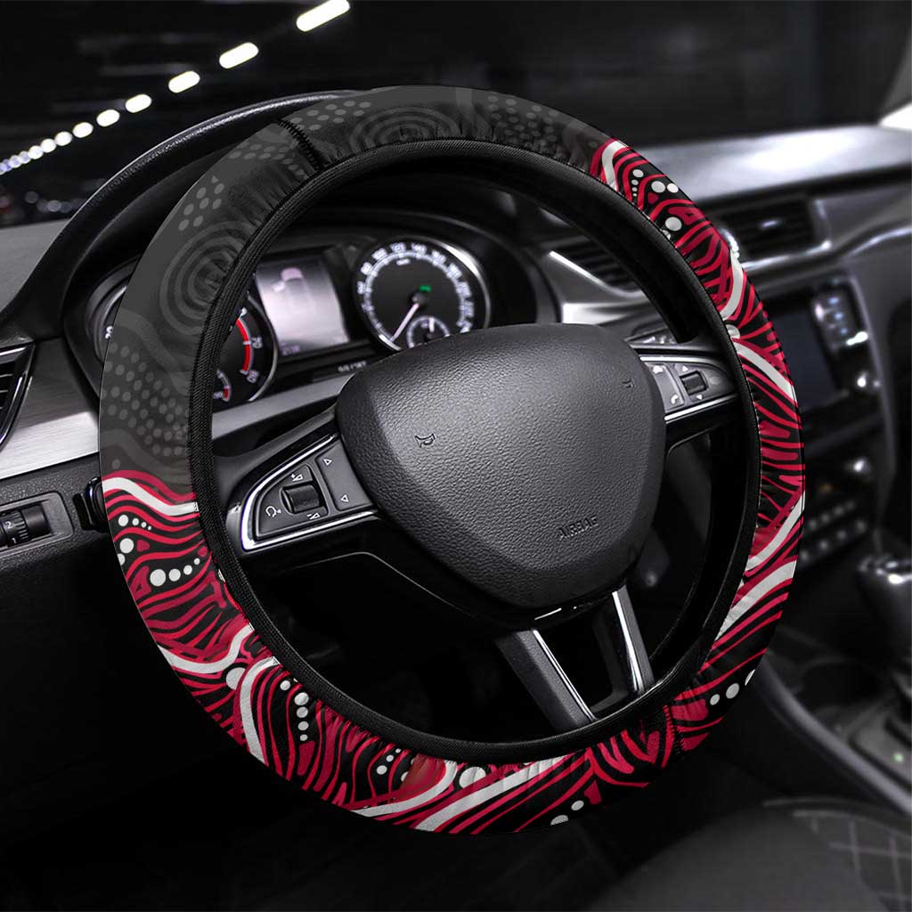 Melbourne Renegades Cricket Mascot Steering Wheel Cover Aboriginal Dot Art Red And Black Tribal Pattern