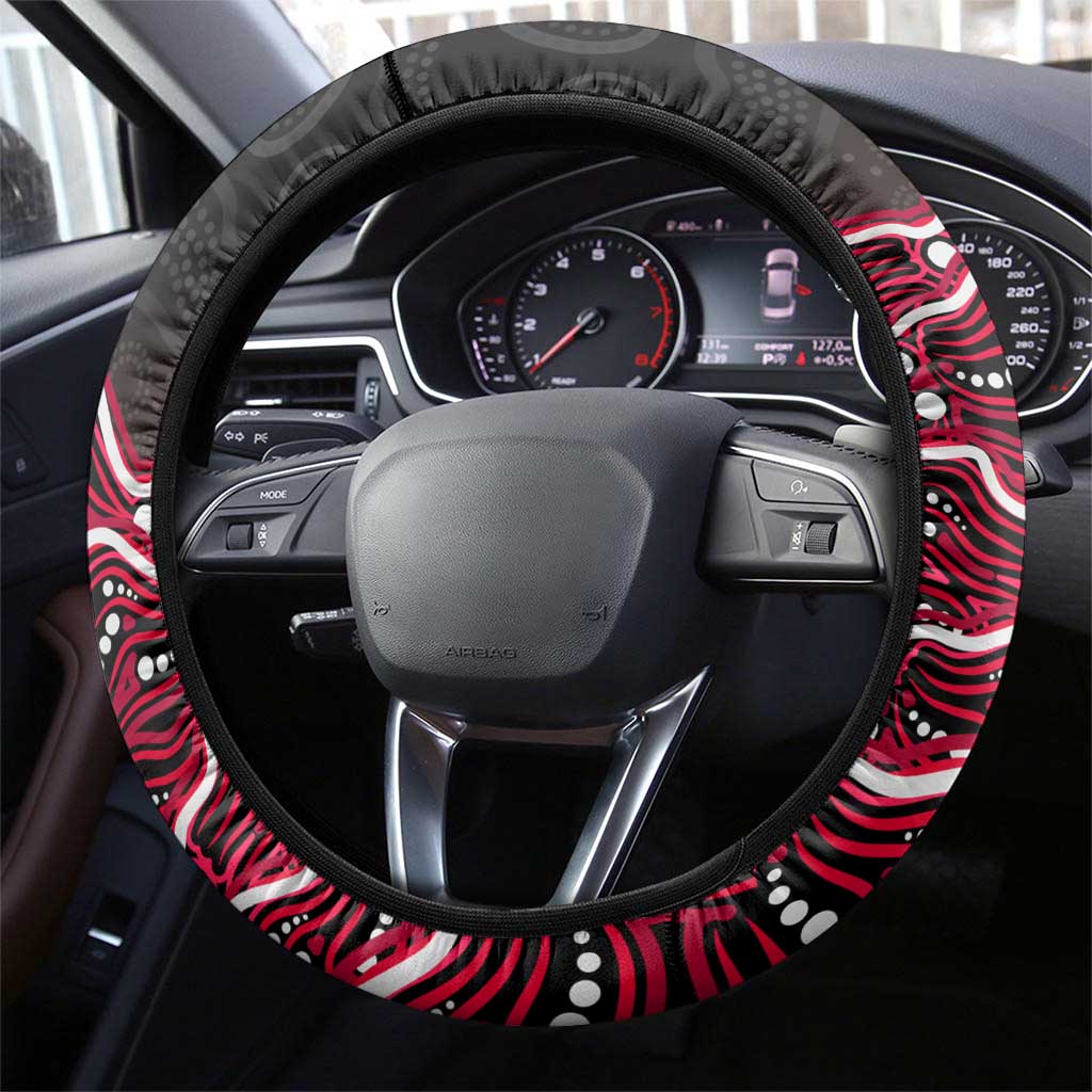 Melbourne Renegades Cricket Mascot Steering Wheel Cover Aboriginal Dot Art Red And Black Tribal Pattern