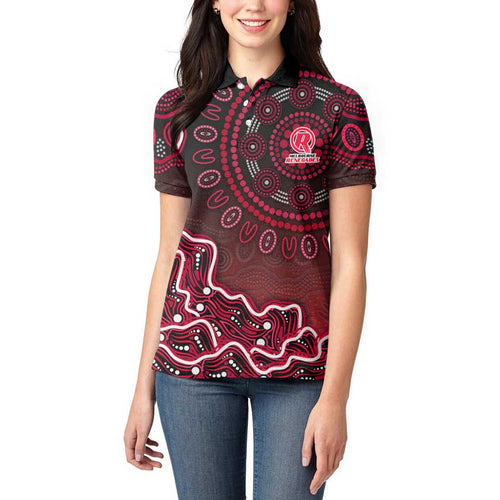 Melbourne Renegades Cricket Mascot Women Polo Shirt Aboriginal Dot Art Red And Black Tribal Pattern