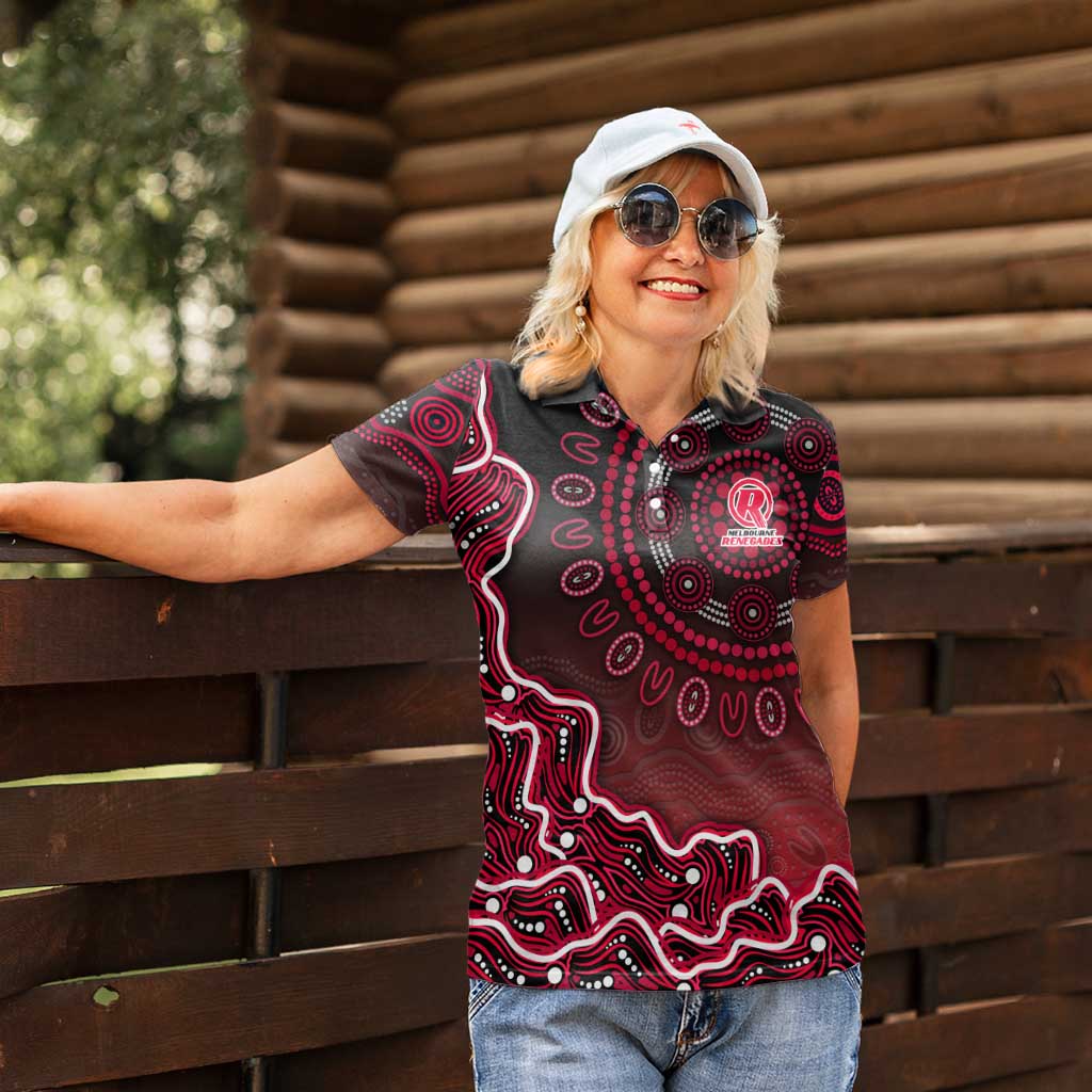 Melbourne Renegades Cricket Mascot Women Polo Shirt Aboriginal Dot Art Red And Black Tribal Pattern