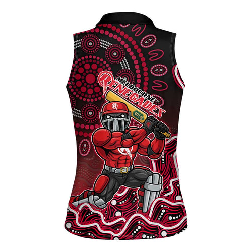 Melbourne Renegades Cricket Mascot Women Sleeveless Polo Shirt Aboriginal Dot Art Red And Black Tribal Pattern