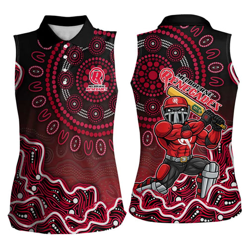 Melbourne Renegades Cricket Mascot Women Sleeveless Polo Shirt Aboriginal Dot Art Red And Black Tribal Pattern