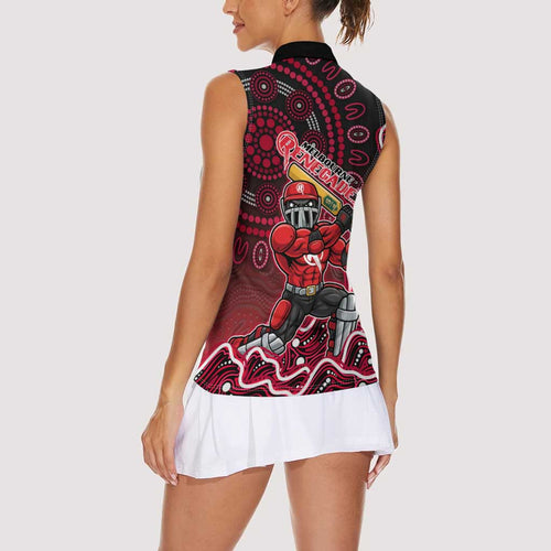 Melbourne Renegades Cricket Mascot Women Sleeveless Polo Shirt Aboriginal Dot Art Red And Black Tribal Pattern