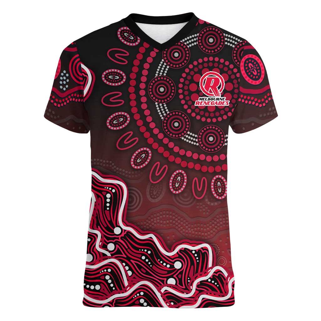 Melbourne Renegades Cricket Mascot Women V-Neck T-Shirt Aboriginal Dot Art Red And Black Tribal Pattern