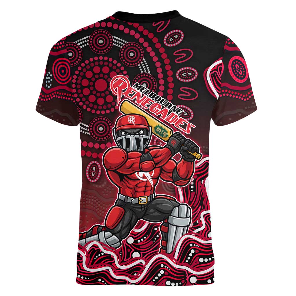 Melbourne Renegades Cricket Mascot Women V-Neck T-Shirt Aboriginal Dot Art Red And Black Tribal Pattern