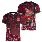 Melbourne Renegades Cricket Mascot Women V-Neck T-Shirt Aboriginal Dot Art Red And Black Tribal Pattern