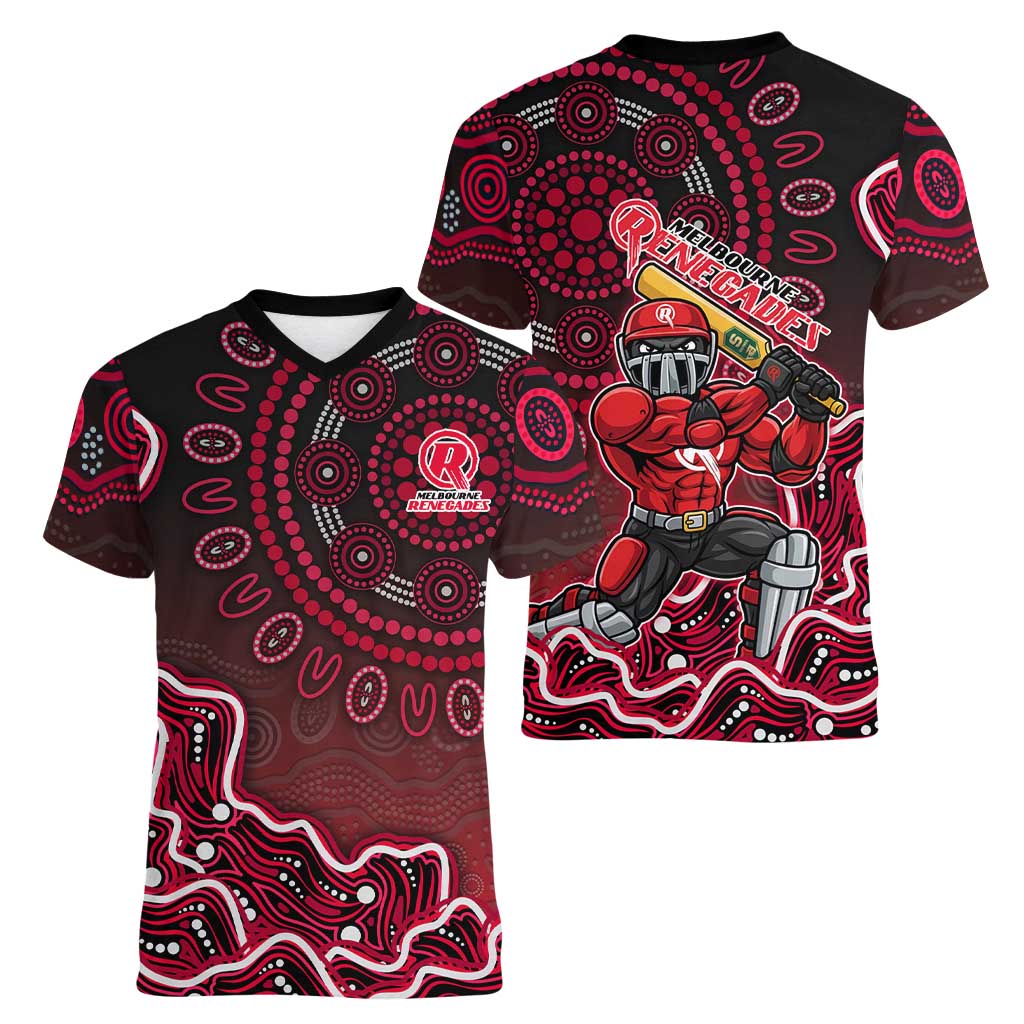 Melbourne Renegades Cricket Mascot Women V-Neck T-Shirt Aboriginal Dot Art Red And Black Tribal Pattern