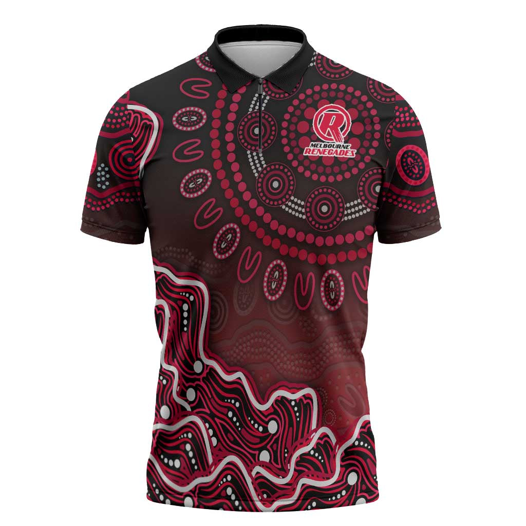 Melbourne Renegades Cricket Mascot Zipper Polo Shirt Aboriginal Dot Art Red And Black Tribal Pattern