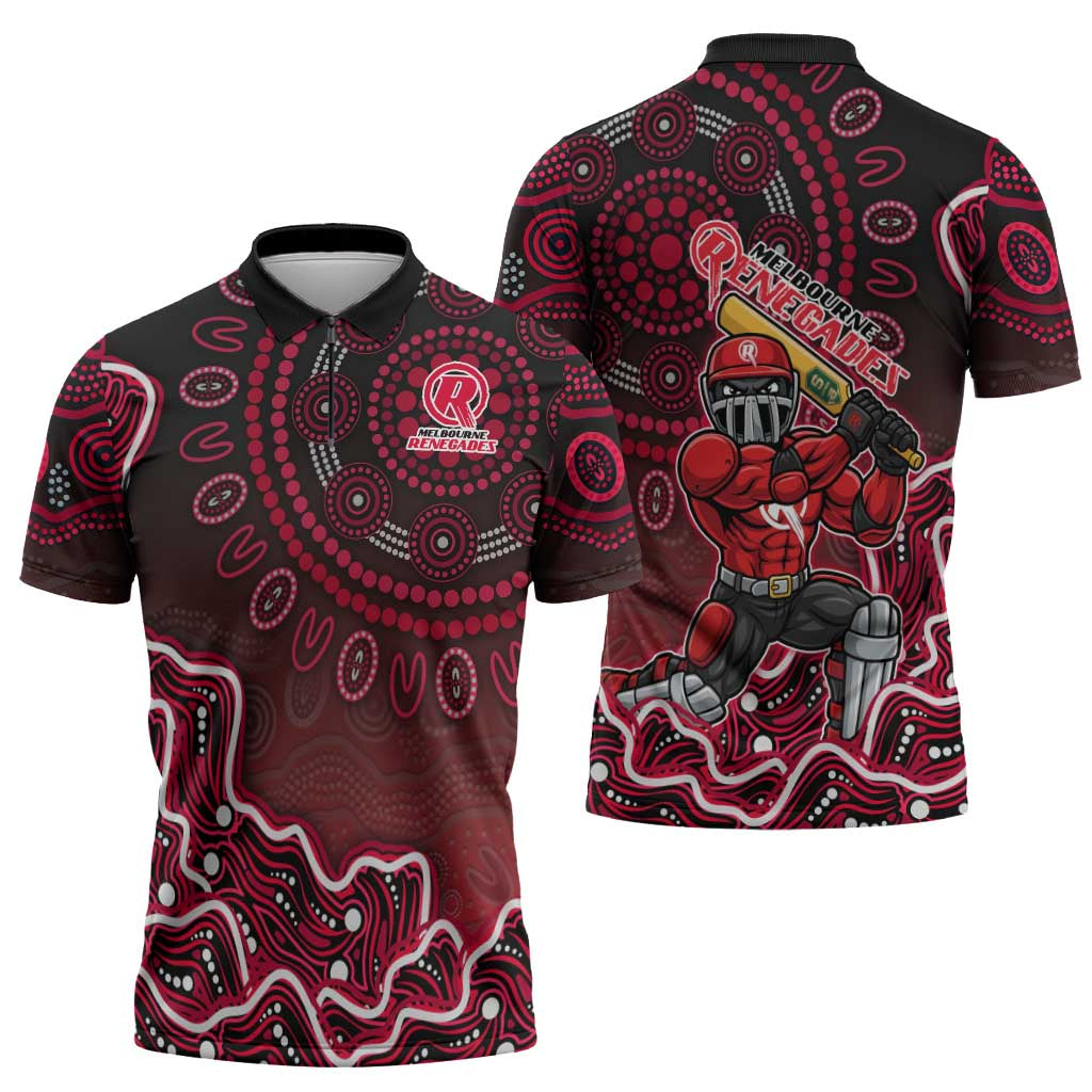Melbourne Renegades Cricket Mascot Zipper Polo Shirt Aboriginal Dot Art Red And Black Tribal Pattern