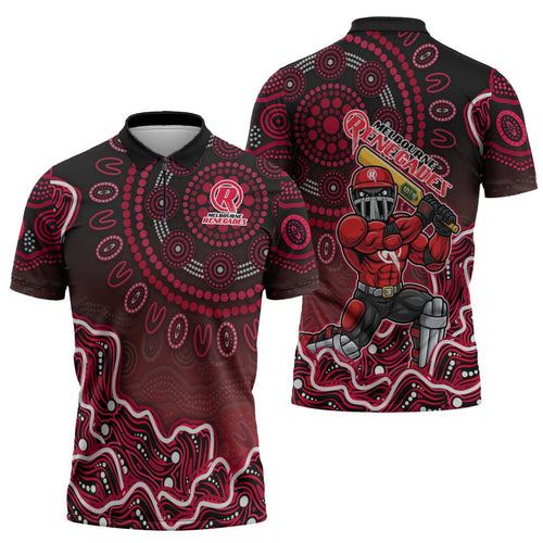 Melbourne Renegades Cricket Mascot Zipper Polo Shirt Aboriginal Dot Art Red And Black Tribal Pattern
