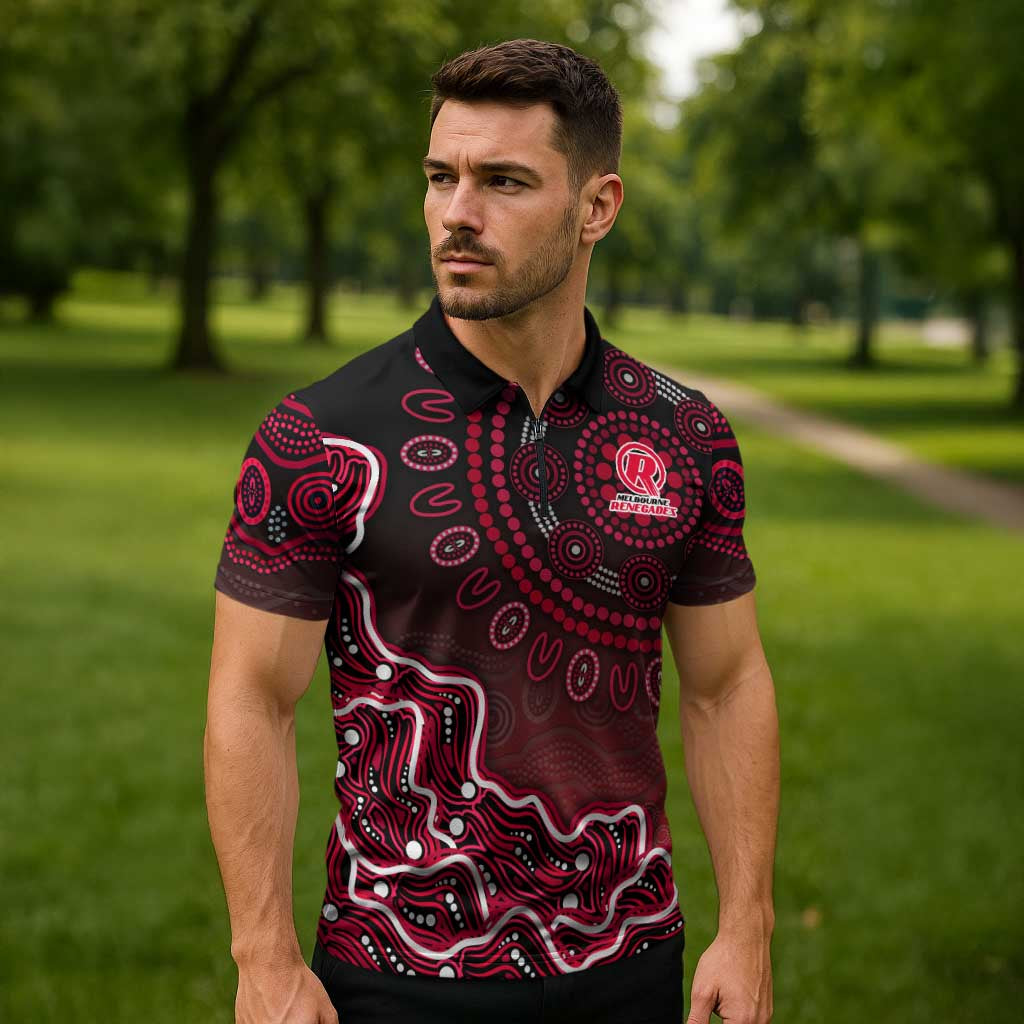 Melbourne Renegades Cricket Mascot Zipper Polo Shirt Aboriginal Dot Art Red And Black Tribal Pattern