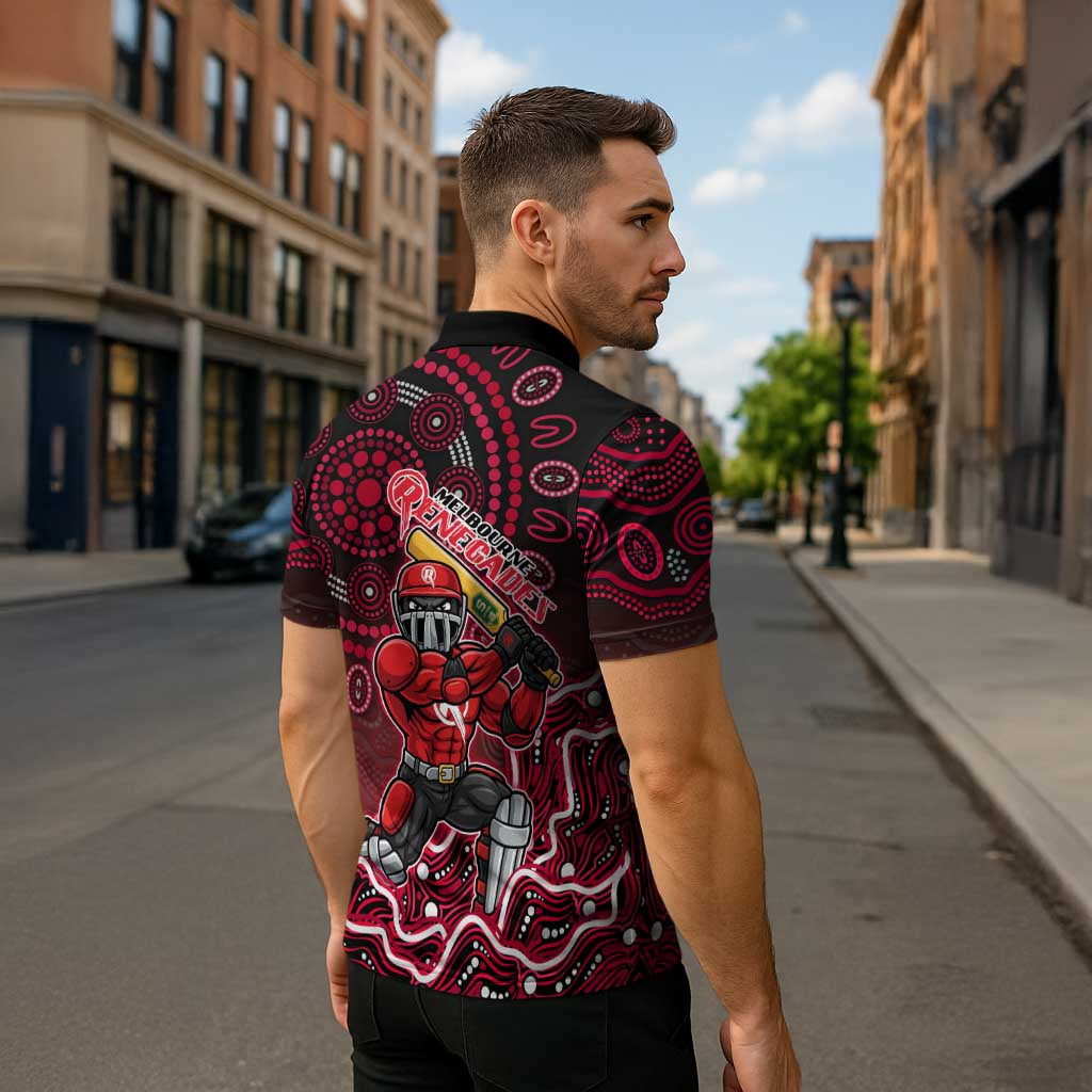 Melbourne Renegades Cricket Mascot Zipper Polo Shirt Aboriginal Dot Art Red And Black Tribal Pattern