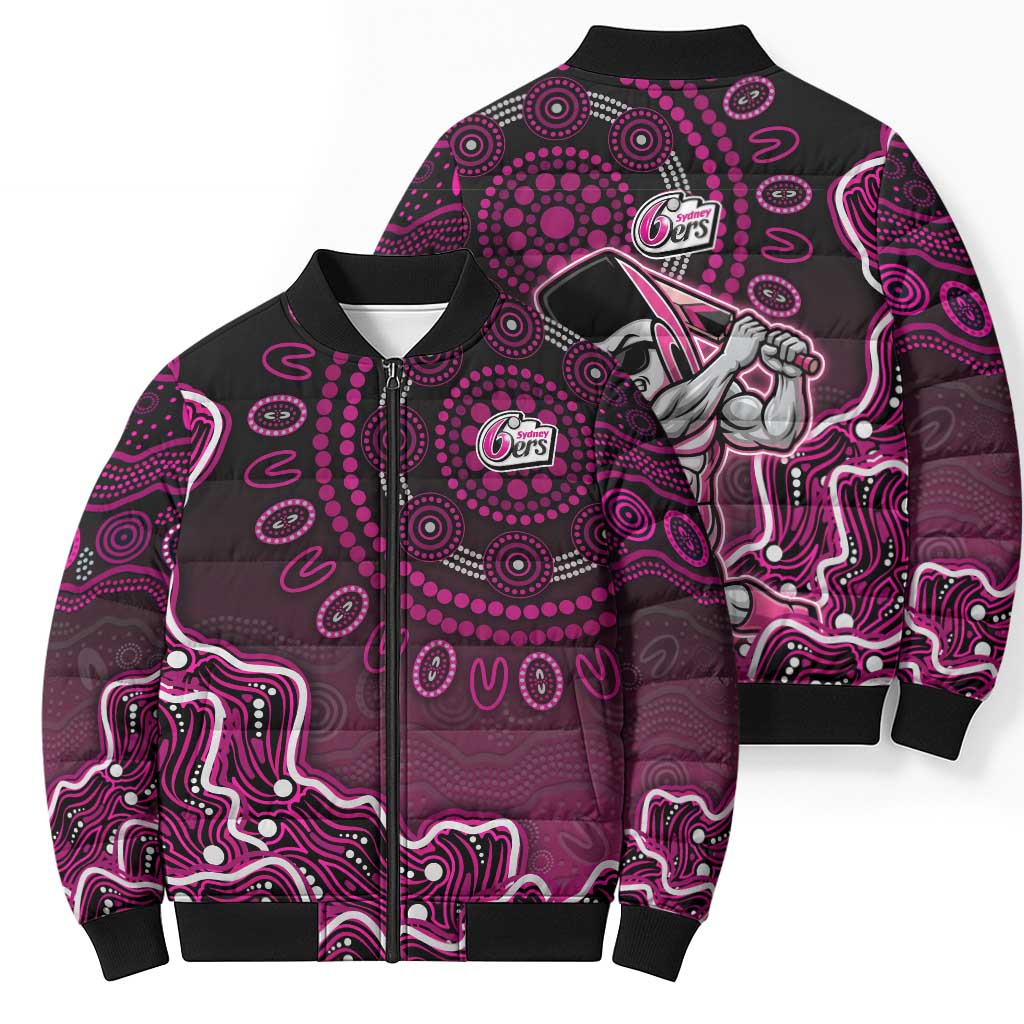 Sydney Sixers Cricket Mascot Bomber Puffer Jacket Aboriginal Dot Art Pink And Black Tribal Pattern