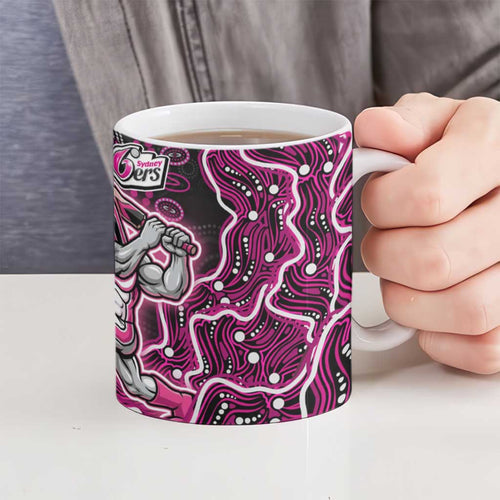 Sydney Sixers Cricket Mascot Ceramic Mug Aboriginal Dot Art Pink And Black Tribal Pattern