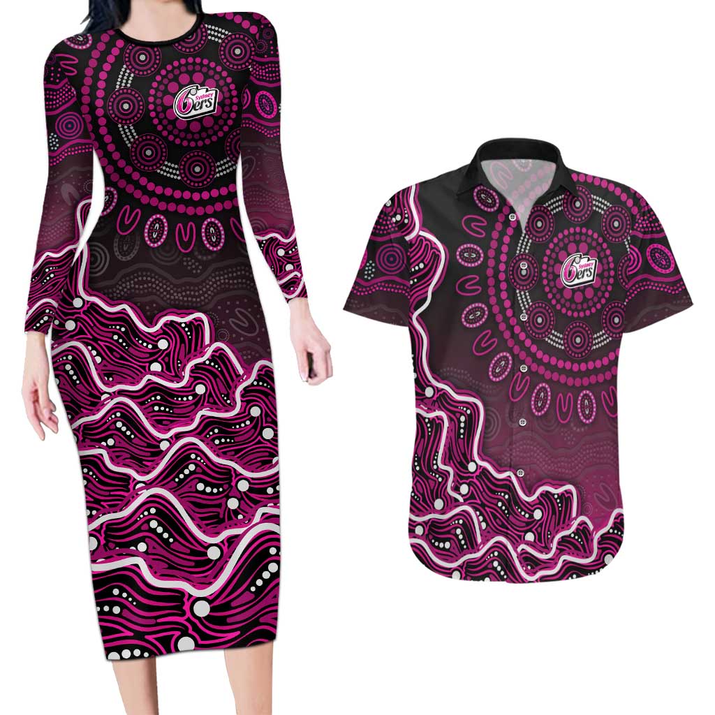 Sydney Sixers Cricket Mascot Couples Matching Long Sleeve Bodycon Dress and Hawaiian Shirt Aboriginal Dot Art Pink And Black Tribal Pattern