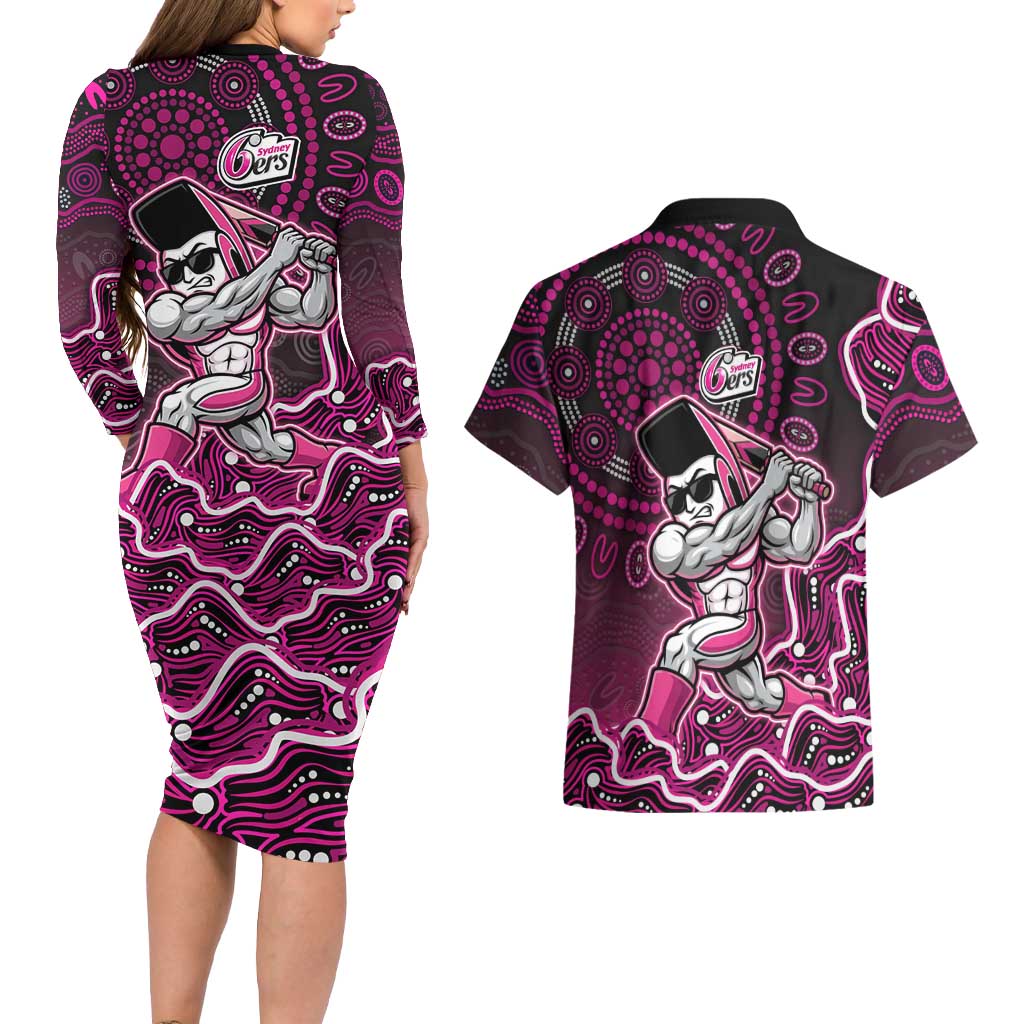 Sydney Sixers Cricket Mascot Couples Matching Long Sleeve Bodycon Dress and Hawaiian Shirt Aboriginal Dot Art Pink And Black Tribal Pattern