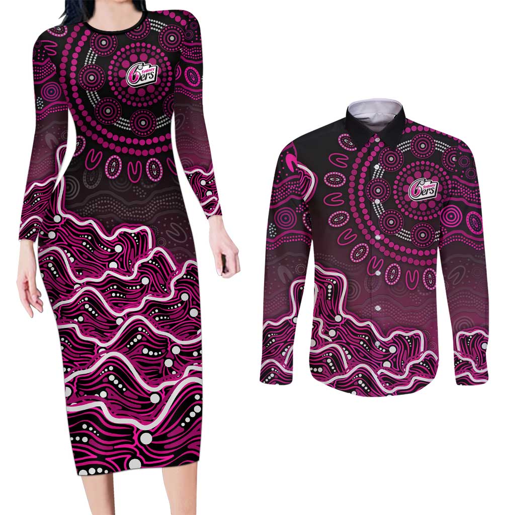 Sydney Sixers Cricket Mascot Couples Matching Long Sleeve Bodycon Dress and Long Sleeve Button Shirt Aboriginal Dot Art Pink And Black Tribal Pattern
