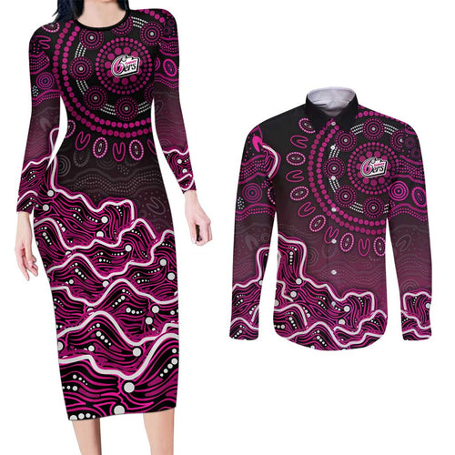 Sydney Sixers Cricket Mascot Couples Matching Long Sleeve Bodycon Dress and Long Sleeve Button Shirt Aboriginal Dot Art Pink And Black Tribal Pattern