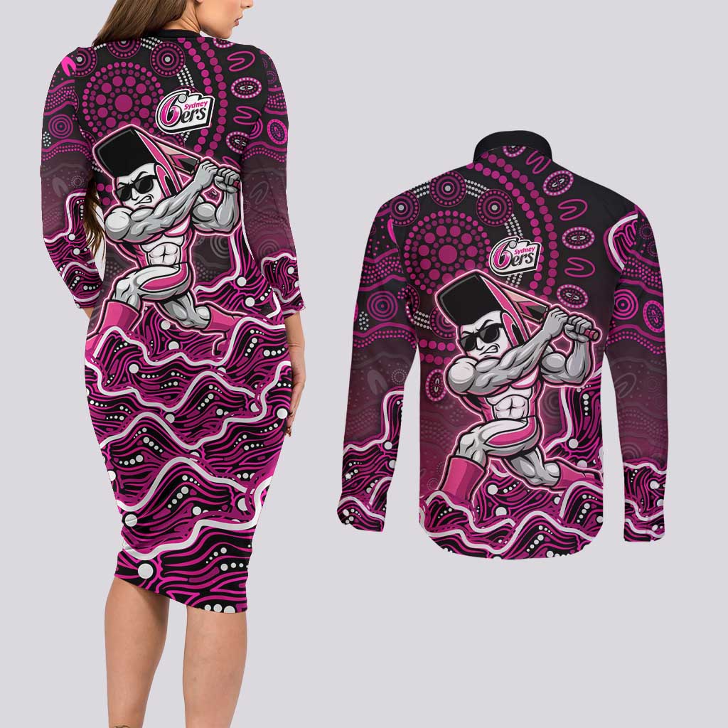 Sydney Sixers Cricket Mascot Couples Matching Long Sleeve Bodycon Dress and Long Sleeve Button Shirt Aboriginal Dot Art Pink And Black Tribal Pattern