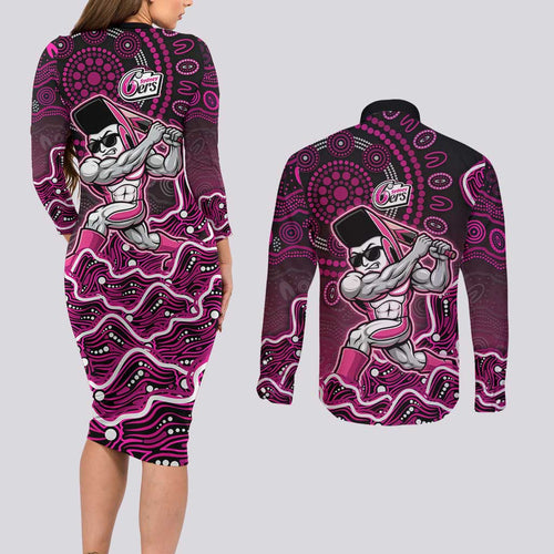 Sydney Sixers Cricket Mascot Couples Matching Long Sleeve Bodycon Dress and Long Sleeve Button Shirt Aboriginal Dot Art Pink And Black Tribal Pattern