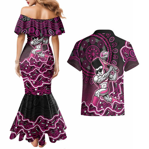Sydney Sixers Cricket Mascot Couples Matching Mermaid Dress and Hawaiian Shirt Aboriginal Dot Art Pink And Black Tribal Pattern