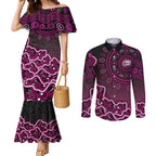 Sydney Sixers Cricket Mascot Couples Matching Mermaid Dress and Long Sleeve Button Shirt Aboriginal Dot Art Pink And Black Tribal Pattern